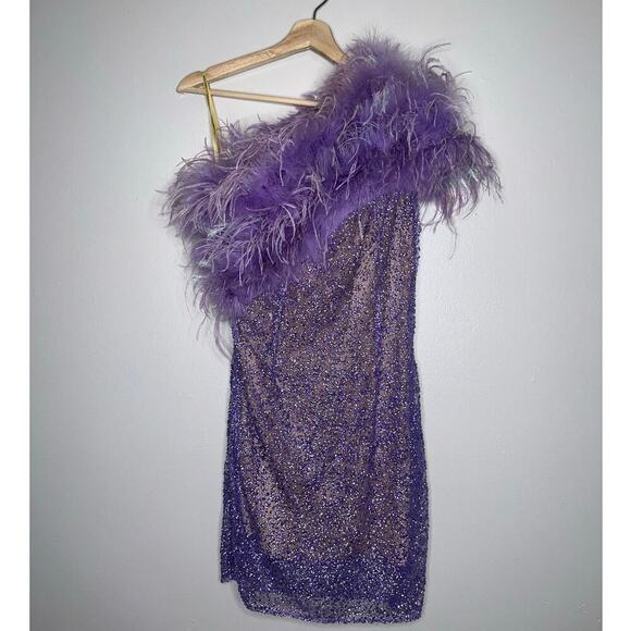 Bronx & Banco Lulu Feather Mini Dress Lilac Purple Sequin Embellished Size 6 - Picture 2 of 12